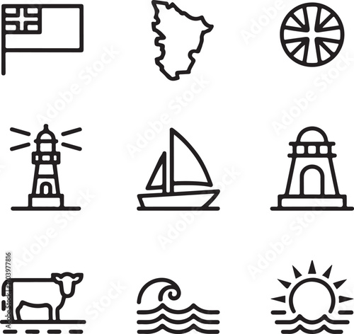 Guernsey National Symbols Outline Icons Set Flag, Map, Cross, Lighthouse, Sailing Boat, Cow, Waves, and Island Heritage Vector Pack
