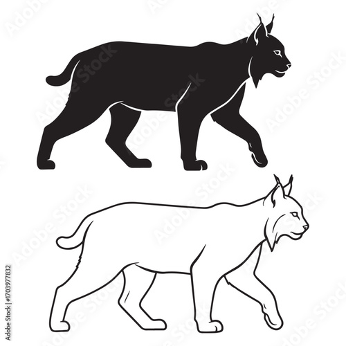 Linear Lynx Silhouette & Lynx Lineart – Lynx Vector Image with Bold Line Definition – Black Vector of Lynx – Vector Set of Lynx