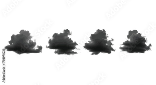 Four dark abstract smoky cloud shapes isolated on white studio background vector