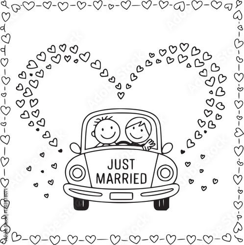 Wedding Day joyride: A newlywed couple embarking on their marital journey, cruising in a classic car beneath a shower of floating hearts, a cute sketch to celebrate this momentous day. 