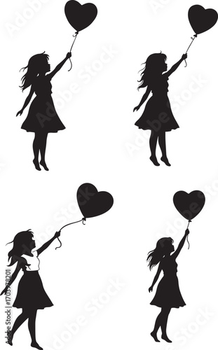 Four silhouettes of a girl holding a heart balloon