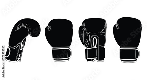 Four black boxing gloves lined up showing different angles isolated on white studio background vector