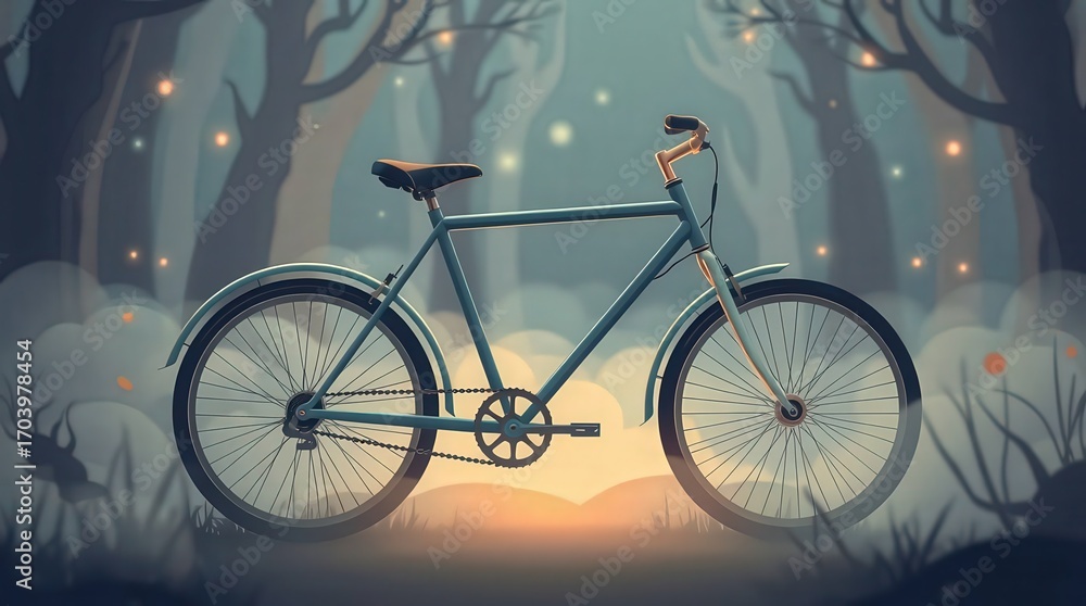 Fototapeta premium Magical forest bike awaits adventure under glowing lights