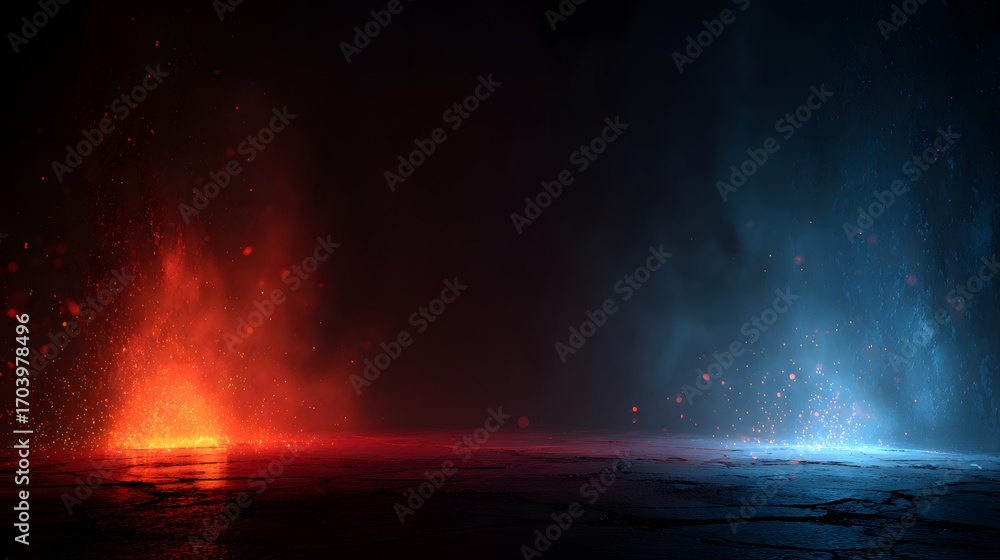 Fototapeta premium Abstract background with glowing blue and red fire effects on cracked ground, futuristic energy battle flames and fantasy light explosion