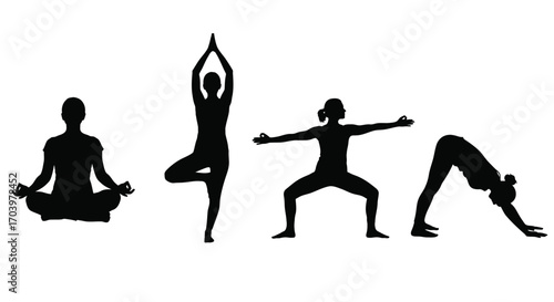 Diverse yoga poses silhouettes demonstrating fitness health and mindful movement vector