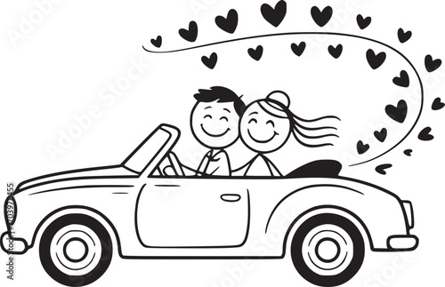Romantic Getaway: A stick figure couple embarks on a whimsical journey of love in a charming convertible, with hearts forming a trail, symbolizing their love and adventure ahead. 