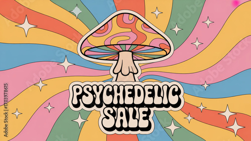 Psychedelic mushroom art sale with retro groovy background and stars for a limited time offer today