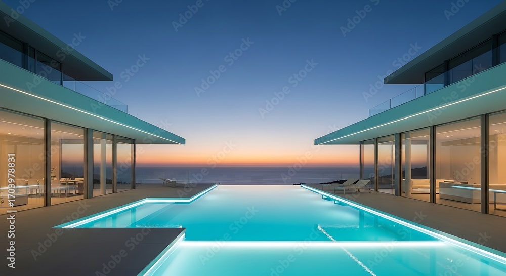 Fototapeta premium Oceanfront luxury villa at sunset, modern architecture with infinity pool