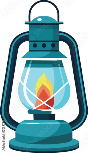 Vintage teal kerosene lantern with glowing flame brings warm ambiance to any setting