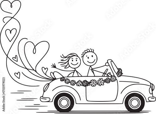 Wedding Couple in Love Car: Charming line art depicts a joyous couple in a vintage car, embellished with whimsical hearts, setting the stage for an enchanting journey together.