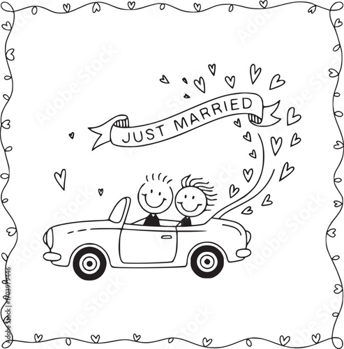 Just Married: A charming hand-drawn illustration features a newly married couple joyfully driving away in a vintage car, surrounded by heart-shaped accents.