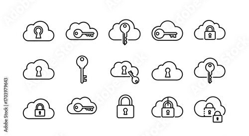 Cloud security icons featuring keys padlocks and abstract lock symbols for data protection concepts vector