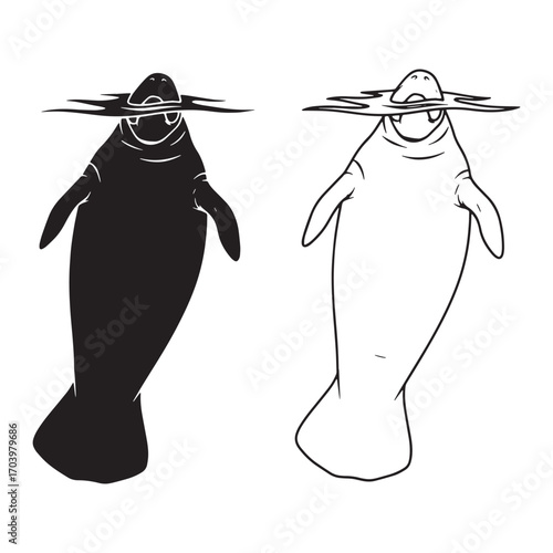 Sturdy Manatee Silhouette & Manatee Lineart – Manatee Vector Design with Well-Defined Outlines – Black Vector of Manatee – Vector Set of Manatee