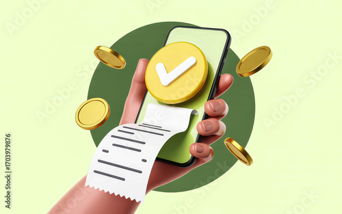 Wallpaper Mural 3D render hand holds smartphone large checkmark on screen digital receipt exits golden coins float Torontodigital.ca
