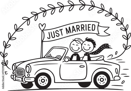 Joyful Nuptials in a Classic Car: A whimsical illustration of a newly married couple joyfully riding in a classic car, celebrating their special day with a charming, artistic touch.