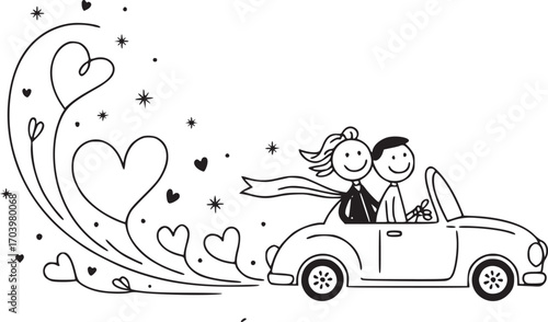 Love's Journey: A delightful line art illustration depicting a happy couple, hand in hand, joyfully driving a vintage car, leaving behind a trail of hearts.