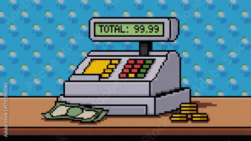 Pixel art cash register with total display and money for business and finance transactions and retail sales