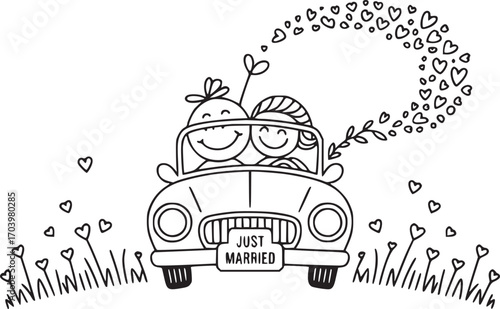 Just Married Car: An endearing cartoon illustrates a couple driving off into wedded bliss, accompanied by hearts and floral flourishes, embodying new beginnings.