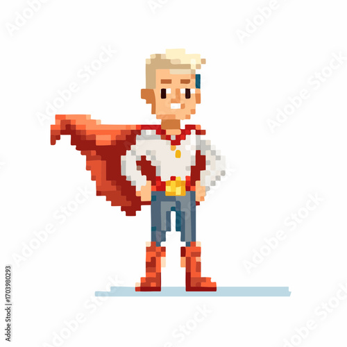 Pixel Art Superhero Character with Red Cape