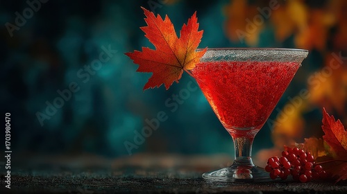 Bright red cocktail garnished with a maple leaf surrounded by autumn leaves and berries