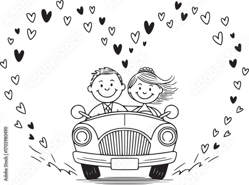 Wedding Day Drive: A charming illustration shows a newlywed couple happily driving off in a vintage car, surrounded by a heart-shaped cloud of floating hearts.