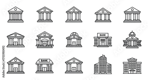 Collection of classic architectural building icons representing government and financial institutions vector