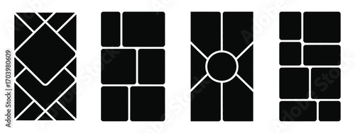 Image Collage Layout Template Set in Black Mosaic Style. Mood Board Grid Collection for Photo Album, Memory Wall, Poster, Banner, Mockup, Flyer, and Brochure Design.