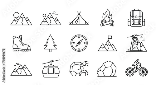 Collection of hand-drawn outdoor adventure icons and symbols for camping hiking and recreation vector