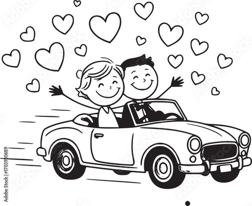 Romantic Car Ride: An illustration of a cheerful couple in a classic convertible car, with a heart-filled sky, symbolizing love and shared joy in a romantic setting.