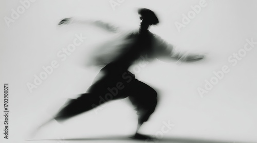 A blurred silhouette of a dancer in motion, showcasing dynamic movement and grace. The background is plain white, emphasizing the dancer's form.