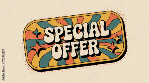 Retro special offer sale banner design template with groovy background and star accents for promotions
