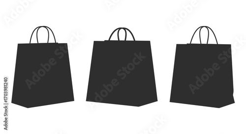 Three black paper shopping bags with handles for retail and gifts isolated on white vector
