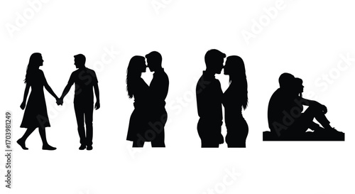 Romantic couples silhouettes diverse poses romantic expressions and togetherness for love themes vector