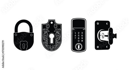 Collection of four security locks padlock antique door lock smart lock deadbolt icons vector
