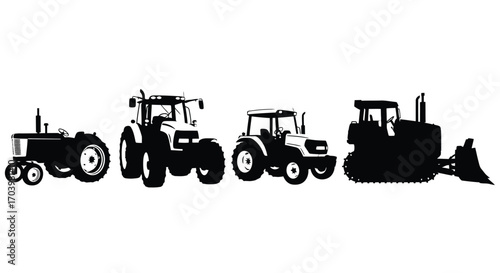 Silhouettes of farm tractors and bulldozer rowed together on vector