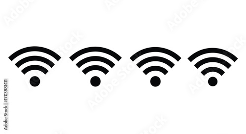 Four black wi-fi signal icons set wireless internet connectivity symbol isolated on white vector