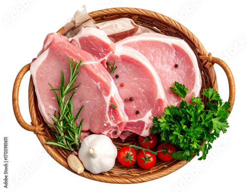 Raw Pork Cuts in Basket with Fresh Herbs isolated on transparent background PNG