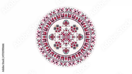 Bulgarian embroidery design element rotating in loop over white background