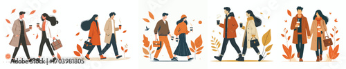 vector of a couple walking together in autumn