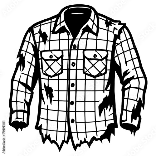 Vector illustration of a tattered and torn plaid lumberjack shirt, featuring a classic checked pattern with numerous rips, holes, and distressed ragged edges, perfect for grunge, zombie, rustic themes