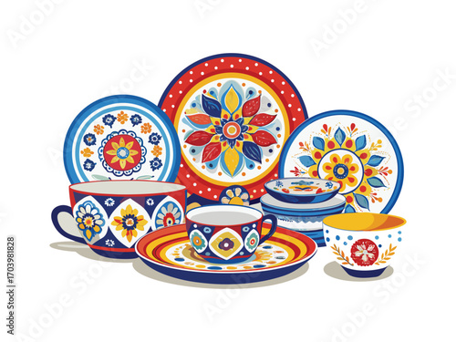 Vibrant hand painted ceramic dinnerware set with intricate floral and geometric patterns