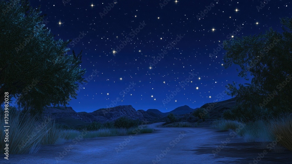Fototapeta premium Starry night desert road and mountain landscape