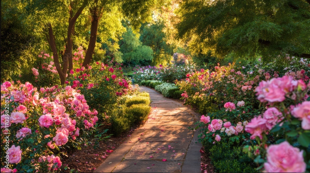 Fototapeta premium A winding pathway in a rose garden is surrounded by vibrant blooms during the golden hour. The soft sunlight filters through the trees, illuminating the colorful flowers.