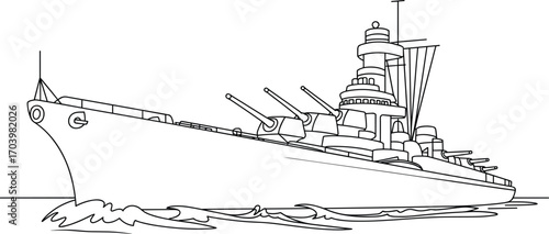 Outline battleship warship sailing at sea, black and white vector drawing for coloring pages, educational projects, military themes, and naval artwork design.