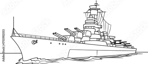 Large warship battleship sailing on ocean, black and white outline illustration for coloring book, military education, naval design, and printable artwork.
