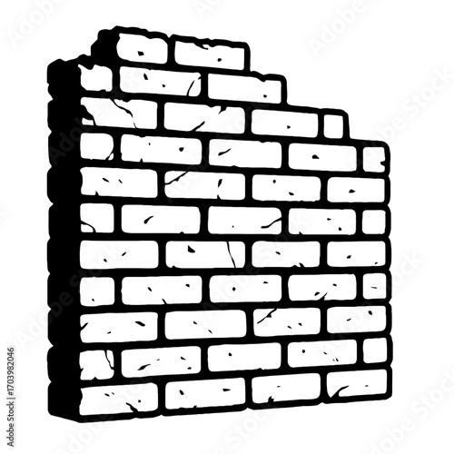 Black and white line art of a weathered brick wall section. Features an uneven top edge and a side view, classic architectural masonry. Ideal for construction, decay, historical structures, urban desi