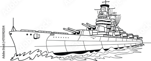 Detailed warship illustration sailing at sea, black and white outline drawing of a battleship for coloring pages, military design, and educational use.
