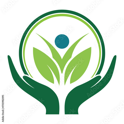 Green hands holding abstract human figure with leaves and circle vector