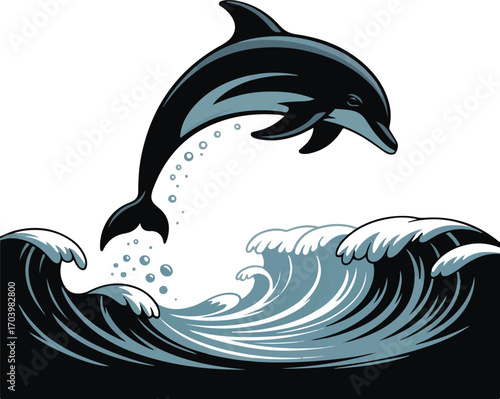 Dynamic dolphin leaping from ocean waves with water splashes