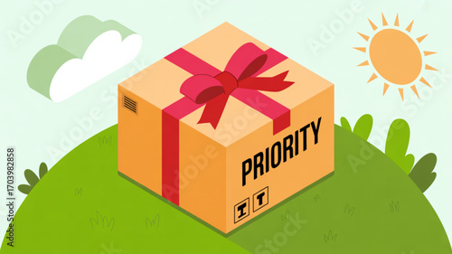 Priority shipping box delivery service with ribbon and sun on a hill for express package delivery